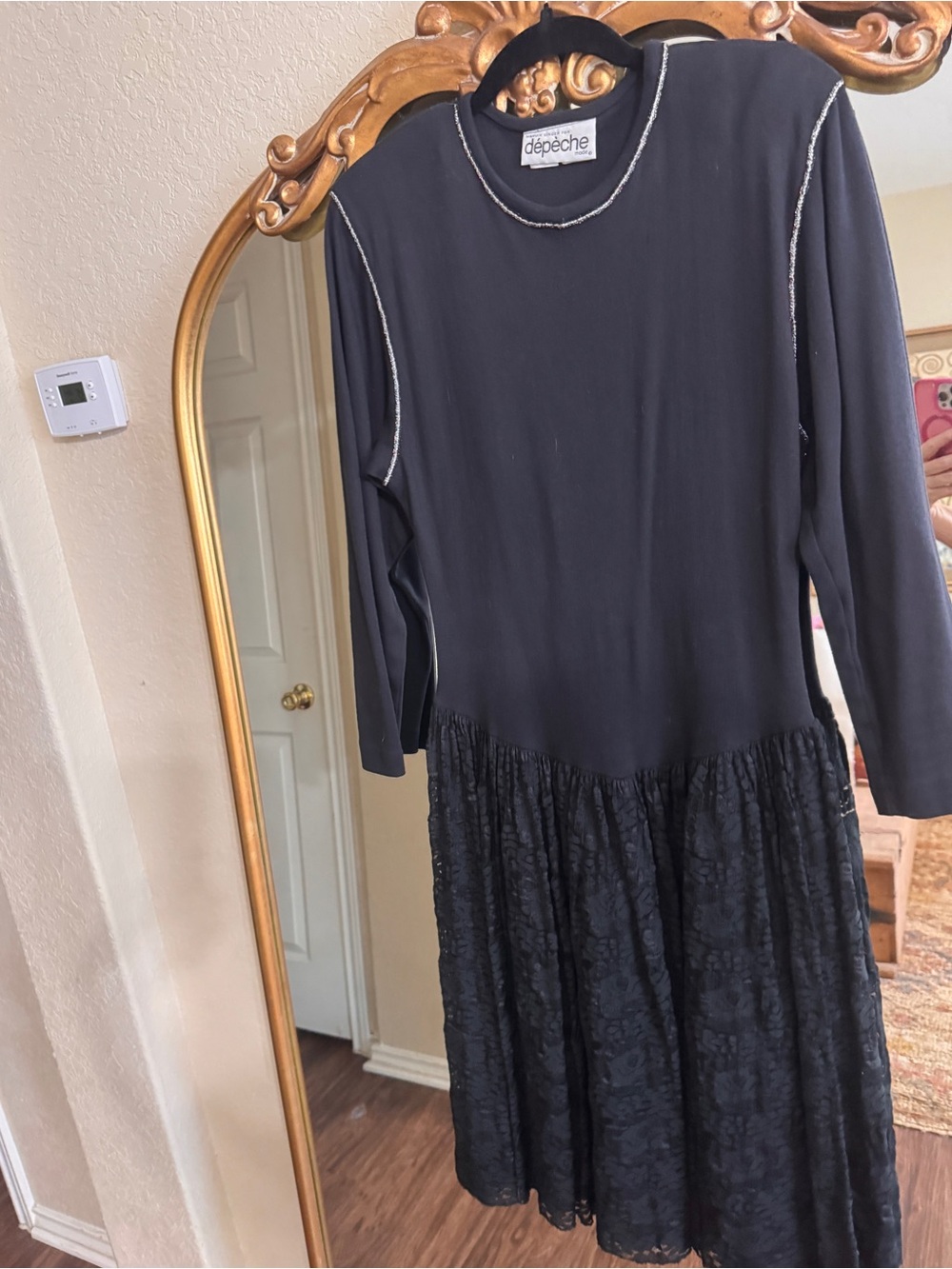 Vintage 80s Dépêche black drop-waist dress layered lace skirt/silver trim. L/XL